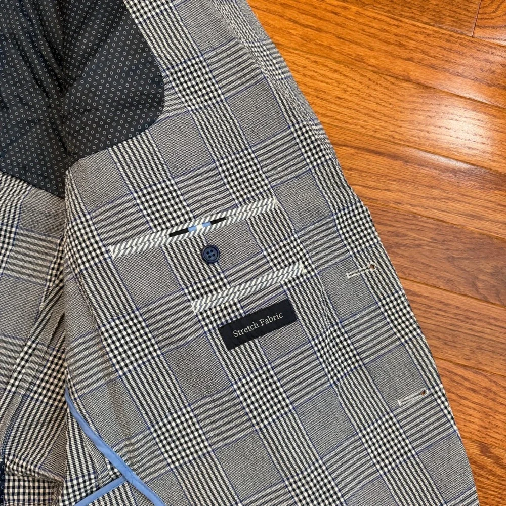 Tailorbyrd Blazer Mens 46R Gray Blue Glen Plaid Stretch Unstructured Textured